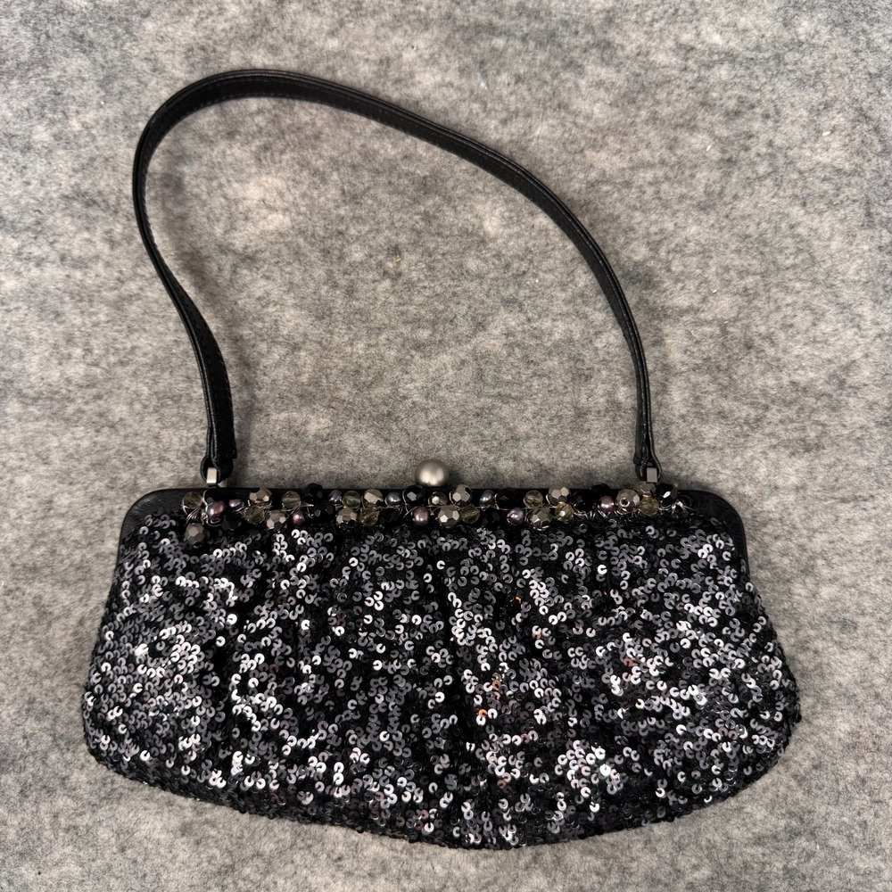 Y2K Sequin Black Clutch Evening Bag Kiss Clasp Special Event Beaded